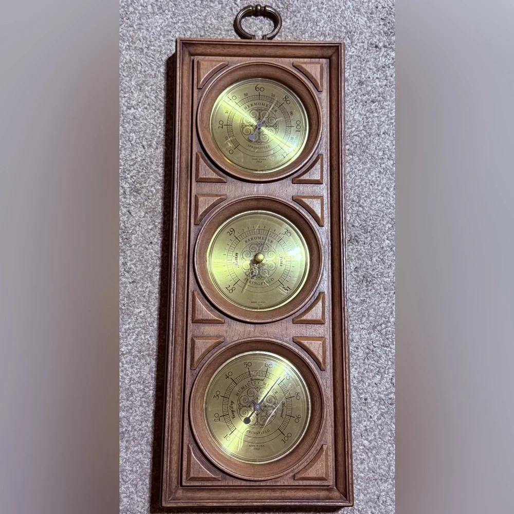 Triple Gauge Wall Weather Station in Brown Wood with Gold Dials